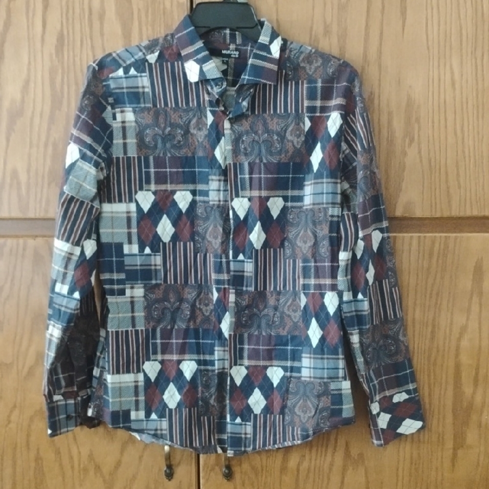 Murano Men's Patchwork Plaid Shirt - Blue and Brown